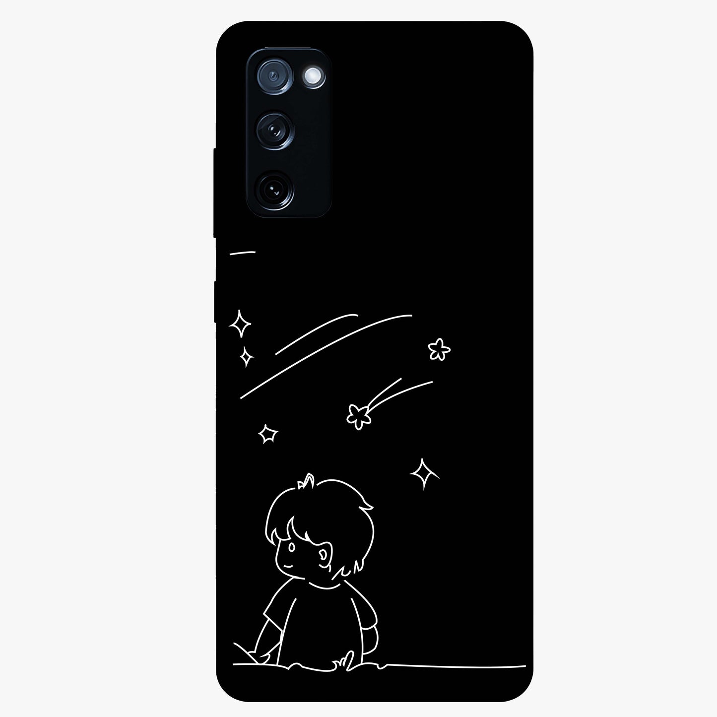 Line Art Boy With Shooting Stars Glass Case showing flat back view with minimal line art boy and shooting stars illustration and glossy glass finish.