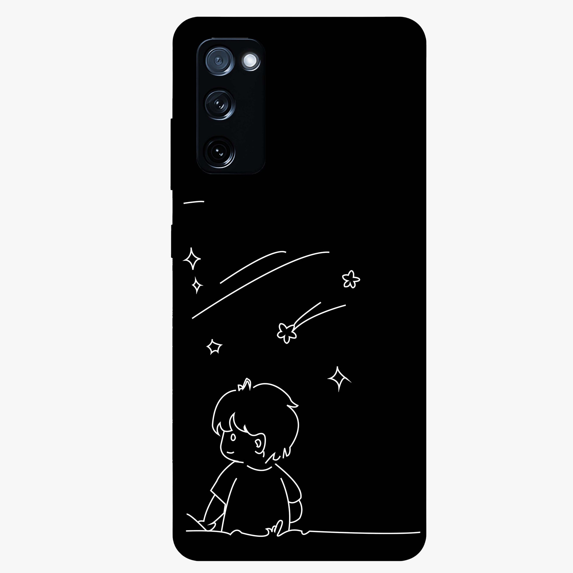 Line Art Boy With Shooting Stars Glass Case showing flat back view with minimal line art boy and shooting stars illustration and glossy glass finish.