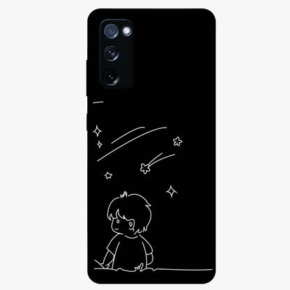 Line Art Boy With Shooting Stars Glass Case showing flat back view with minimal line art boy and shooting stars illustration and glossy glass finish.