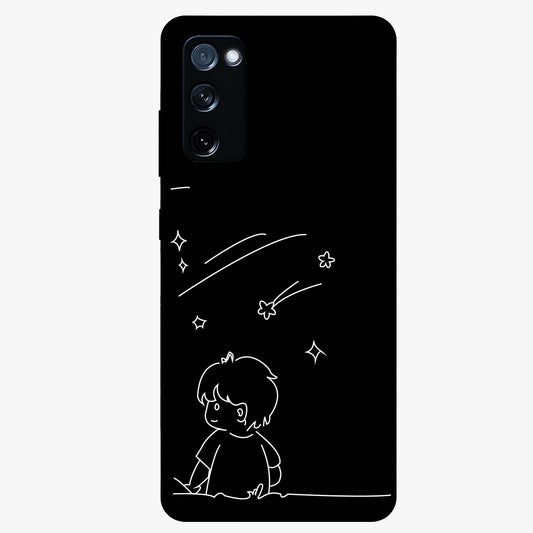 Line Art Boy With Shooting Stars Glass Case showing flat back view with minimal line art boy and shooting stars illustration and glossy glass finish.