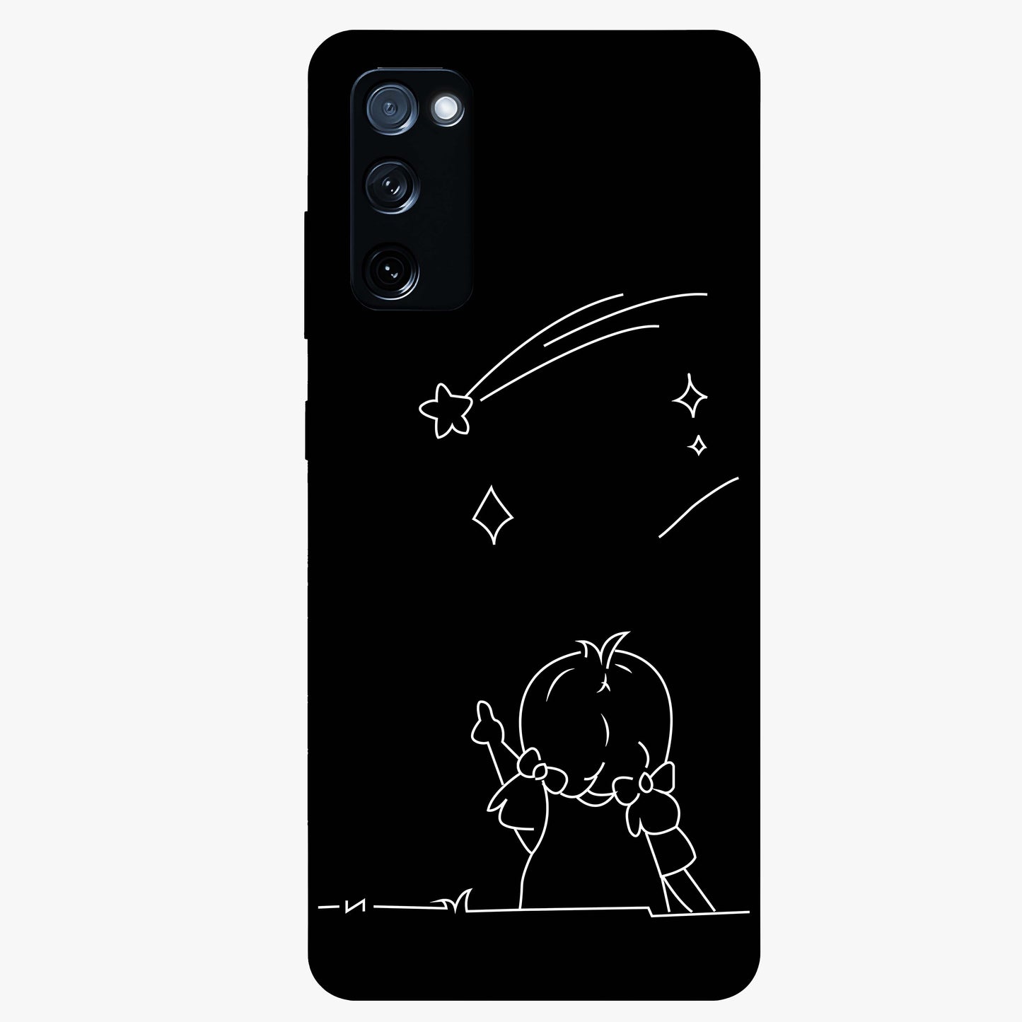 Line Art Girl With Shooting Stars Glass Case showing flat back view with minimal line art girl and shooting stars illustration and glossy glass finish.