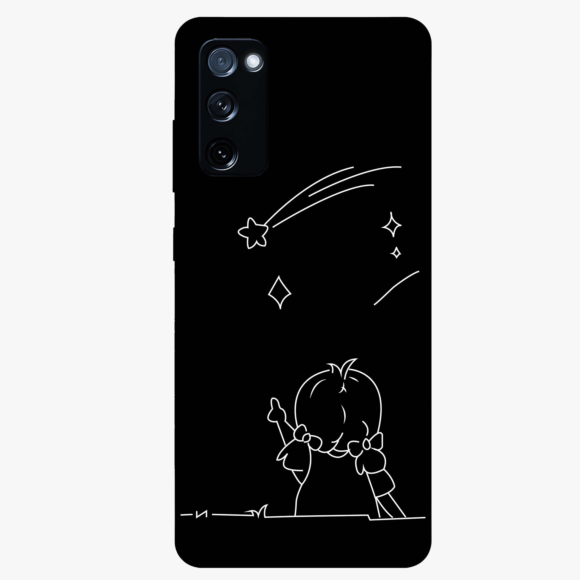 Line Art Girl With Shooting Stars Glass Case showing flat back view with minimal line art girl and shooting stars illustration and glossy glass finish.