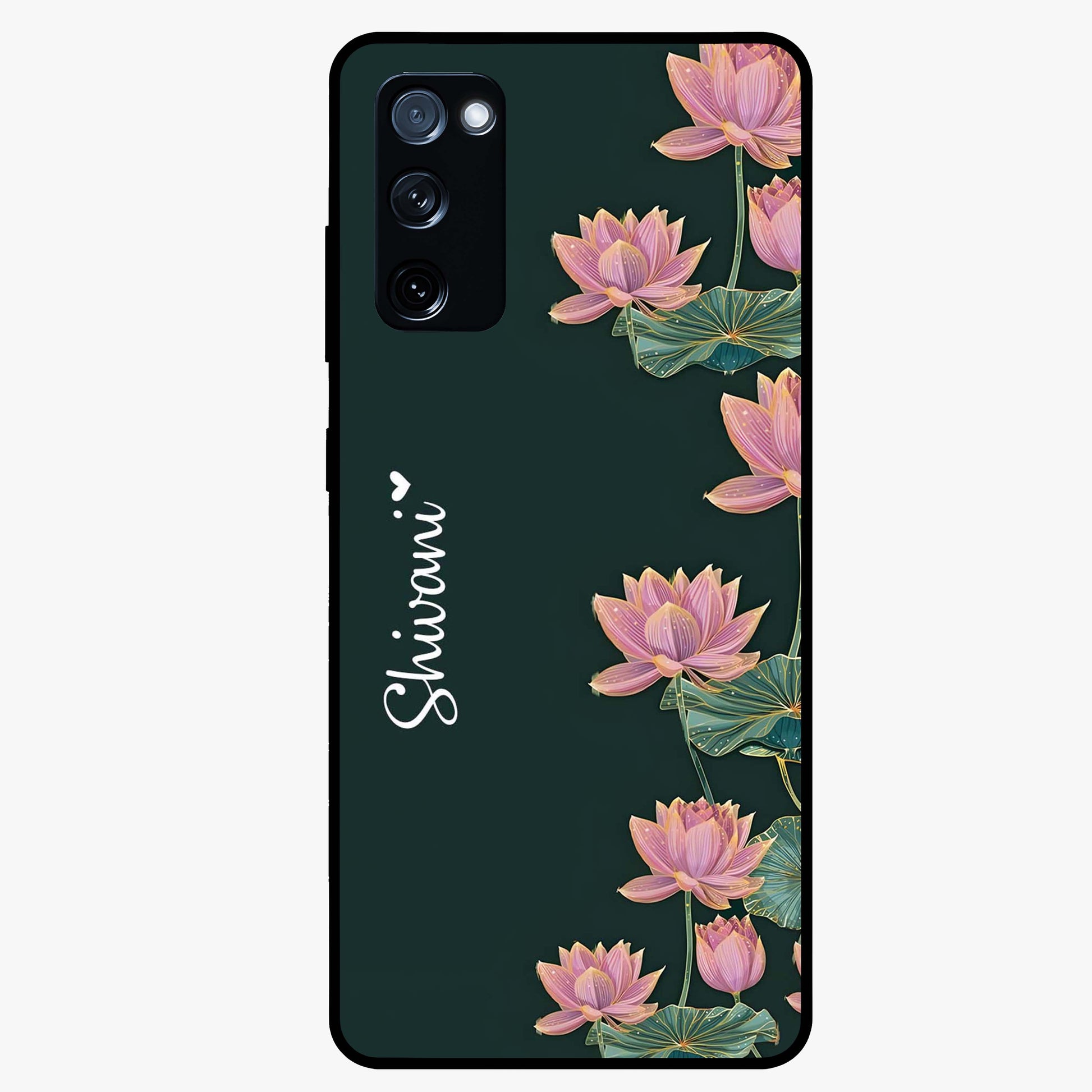 Lotus Bloom Serenity Custom Name Glass Case showing flat back view with elegant lotus flower artwork and personalized name design.