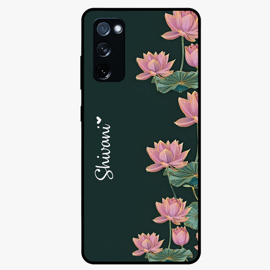 Lotus Bloom Serenity Custom Name Glass Case showing flat back view with elegant lotus flower artwork and personalized name design.