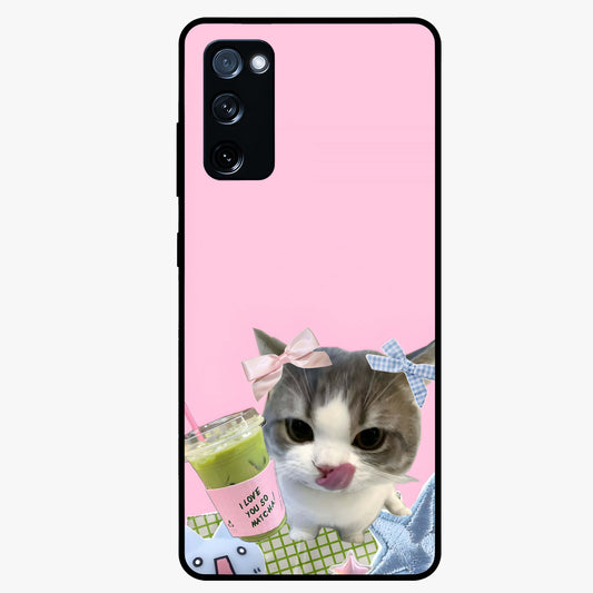 Love Matcha Cat Glass Case showing flat back view with cute cat and matcha themed artwork and glossy glass finish.