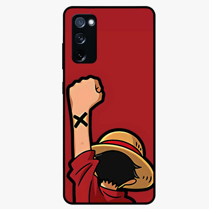 Luffy X Spirit Glass Case showing flat back view with bold anime character artwork and glossy glass finish.