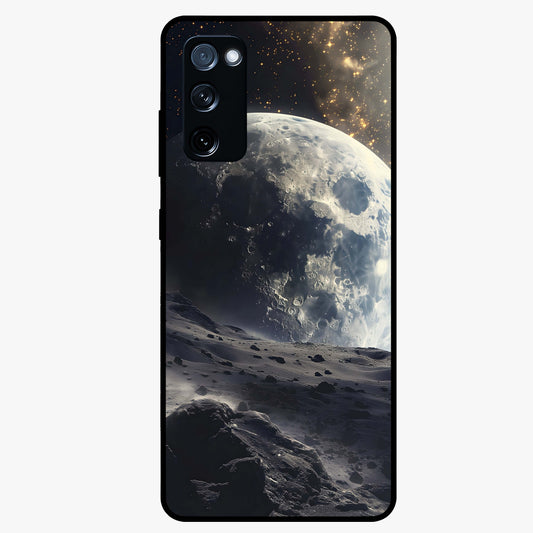 Lunar Horizon Glow Glass Case showing flat back view with glowing moon horizon artwork and glossy glass finish.