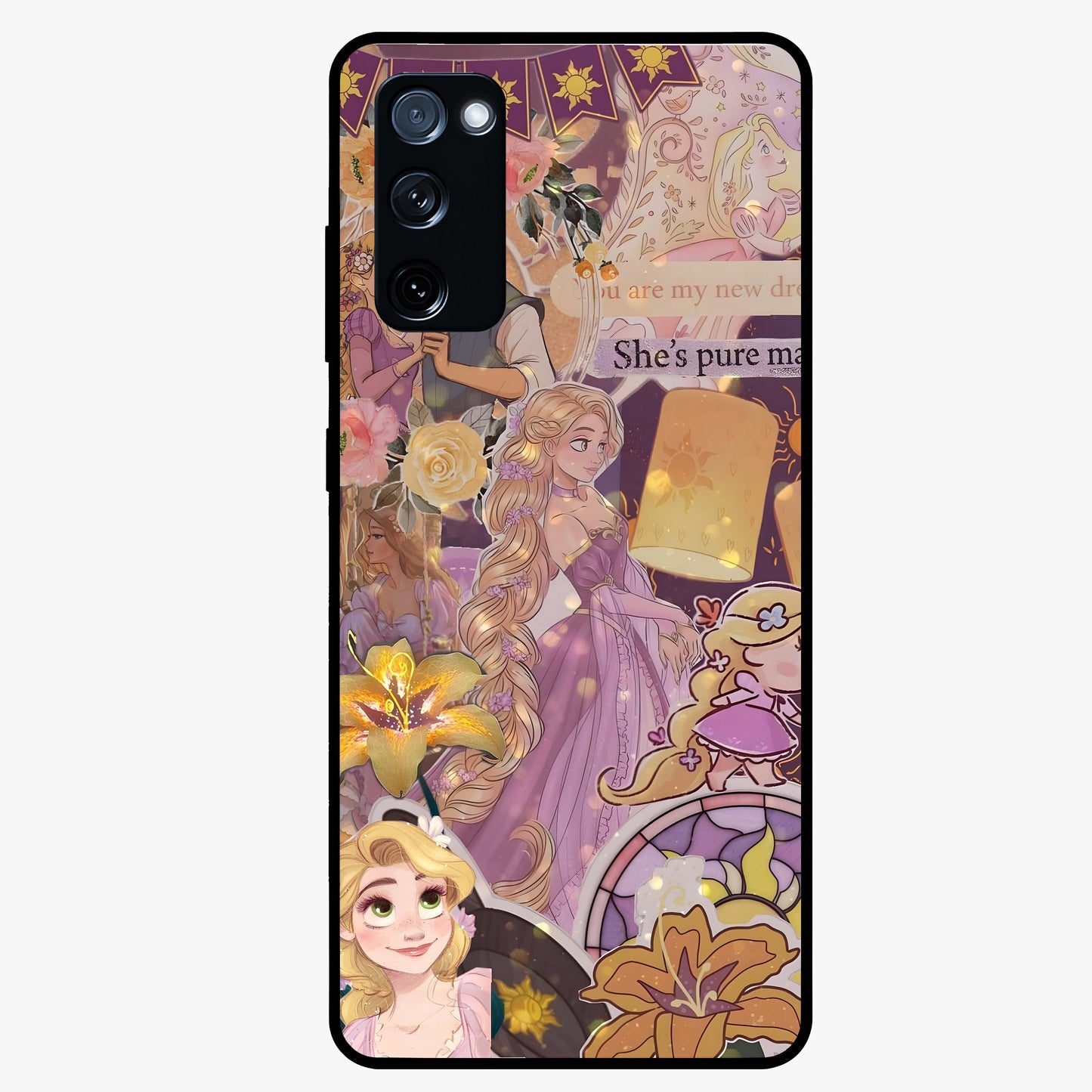 Magical Tangled Dream Glass Case showing flat back view with dreamy tangled artwork and glossy glass finish.