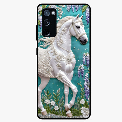 Majestic Floral Stallion Glass Case showing flat back view with powerful horse and floral artwork and glossy glass finish.
