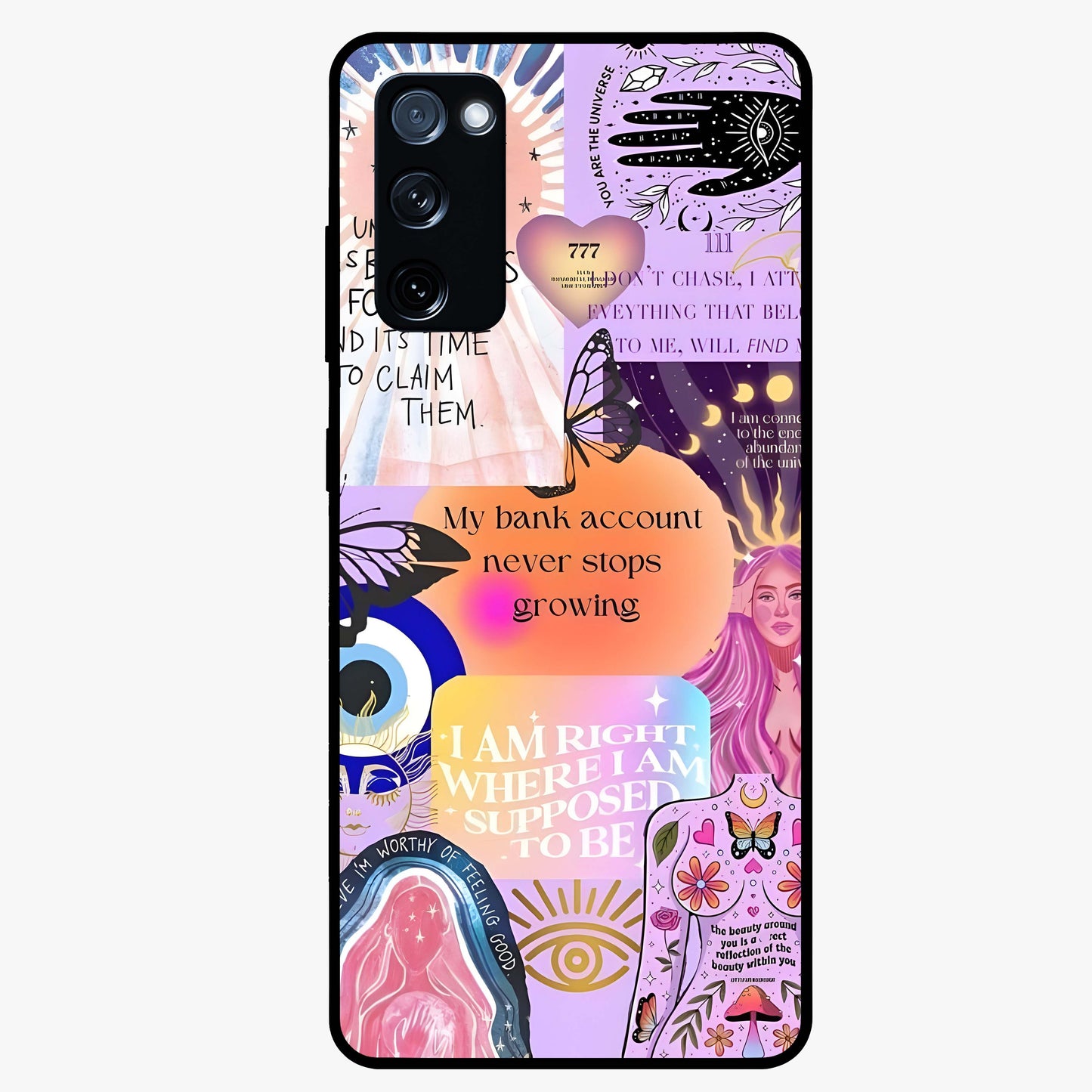 Manifestation Collage Glass Case showing flat back view with motivational collage artwork and glossy glass finish.