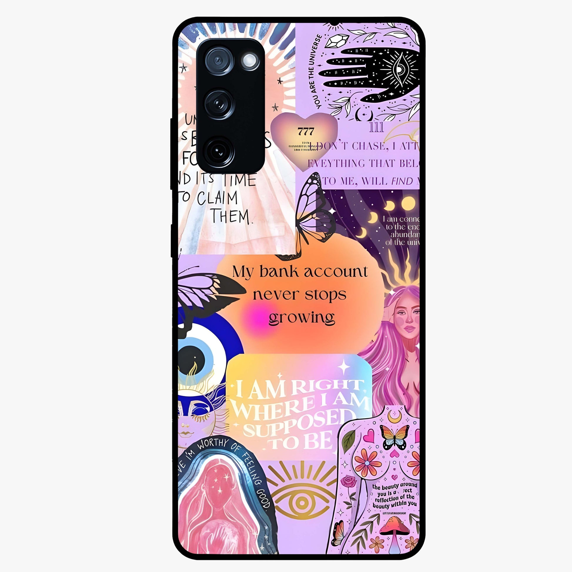 Manifestation Collage Glass Case showing flat back view with motivational collage artwork and glossy glass finish.