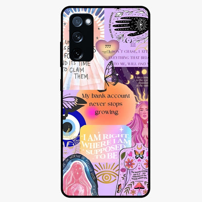Manifestation Collage Glass Case showing flat back view with motivational collage artwork and glossy glass finish.