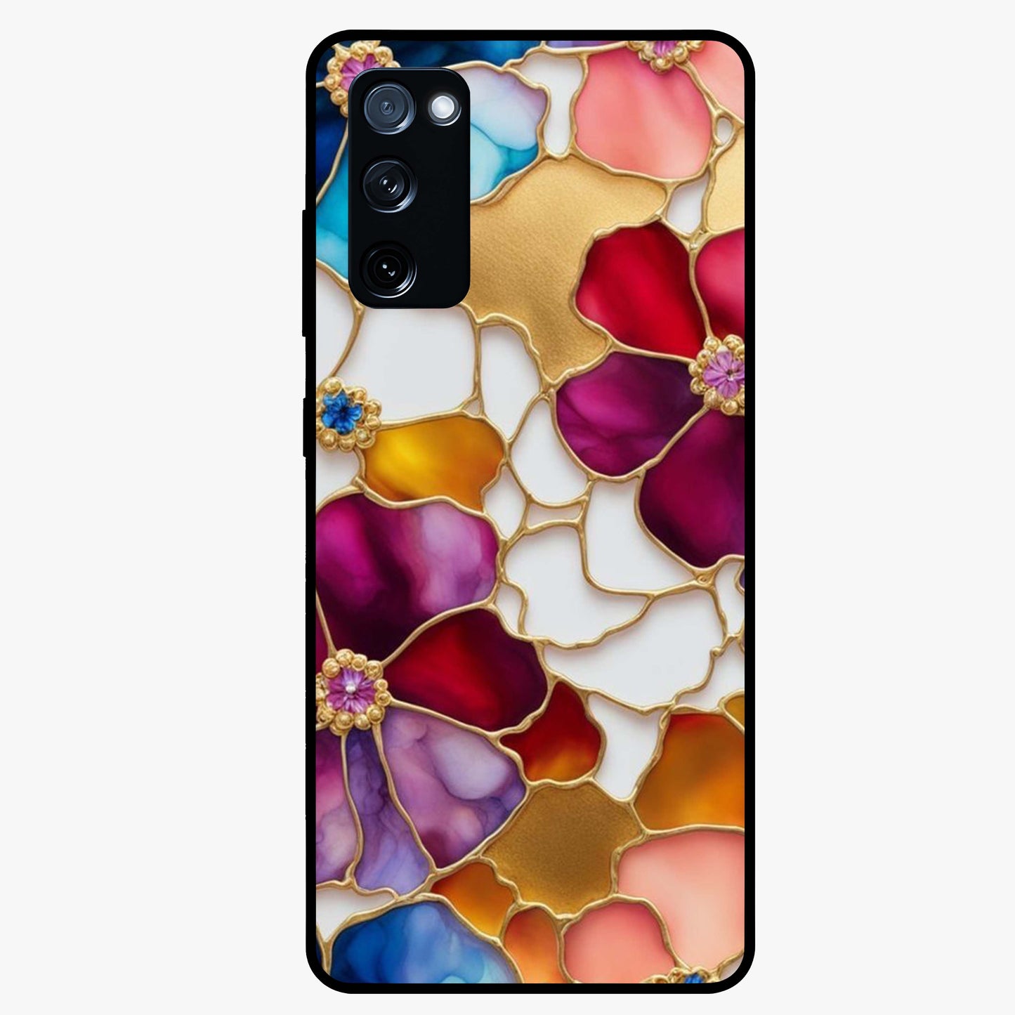 Marble Flower Pattern Glass Case showing flat back view with marble texture floral artwork and glossy glass finish.