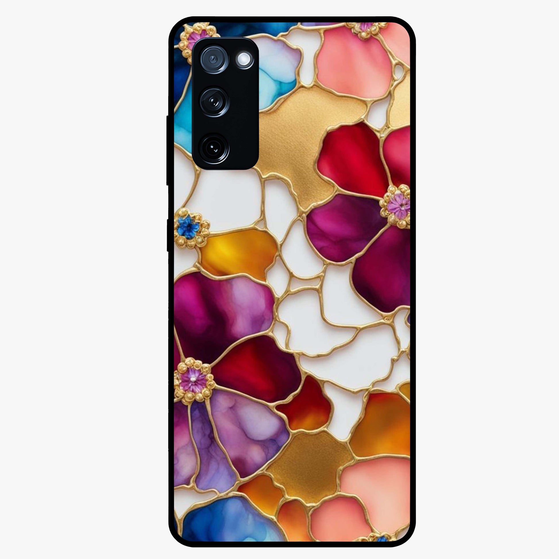 Marble Flower Pattern Glass Case showing flat back view with marble texture floral artwork and glossy glass finish.