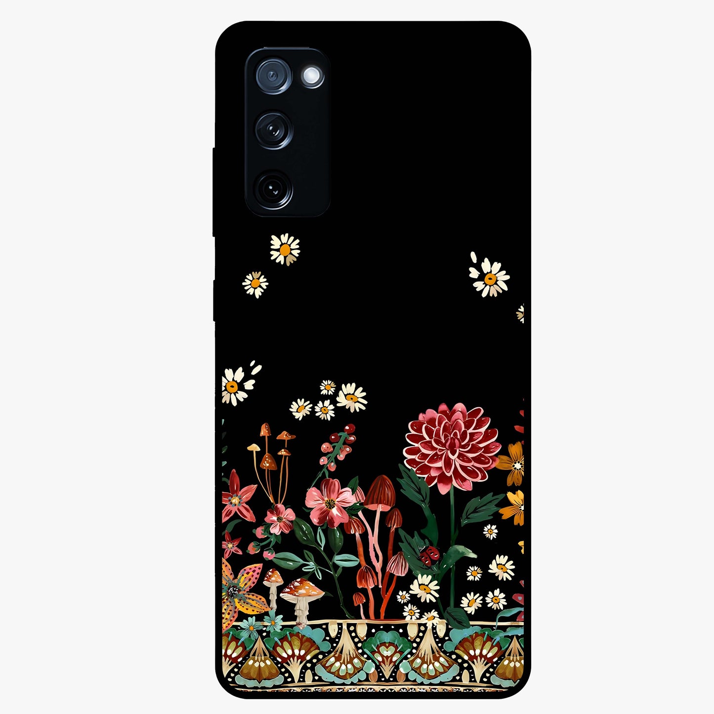 Midnight Bloom Pattern Glass Case showing flat back view with dark floral pattern artwork and glossy glass finish.