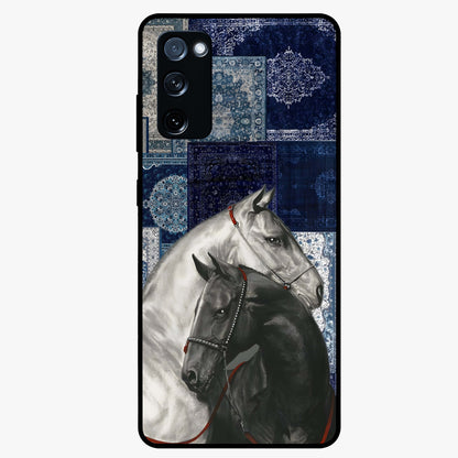 Midnight Stallion Blues Glass Case showing flat back view with majestic horse artwork and glossy glass finish.