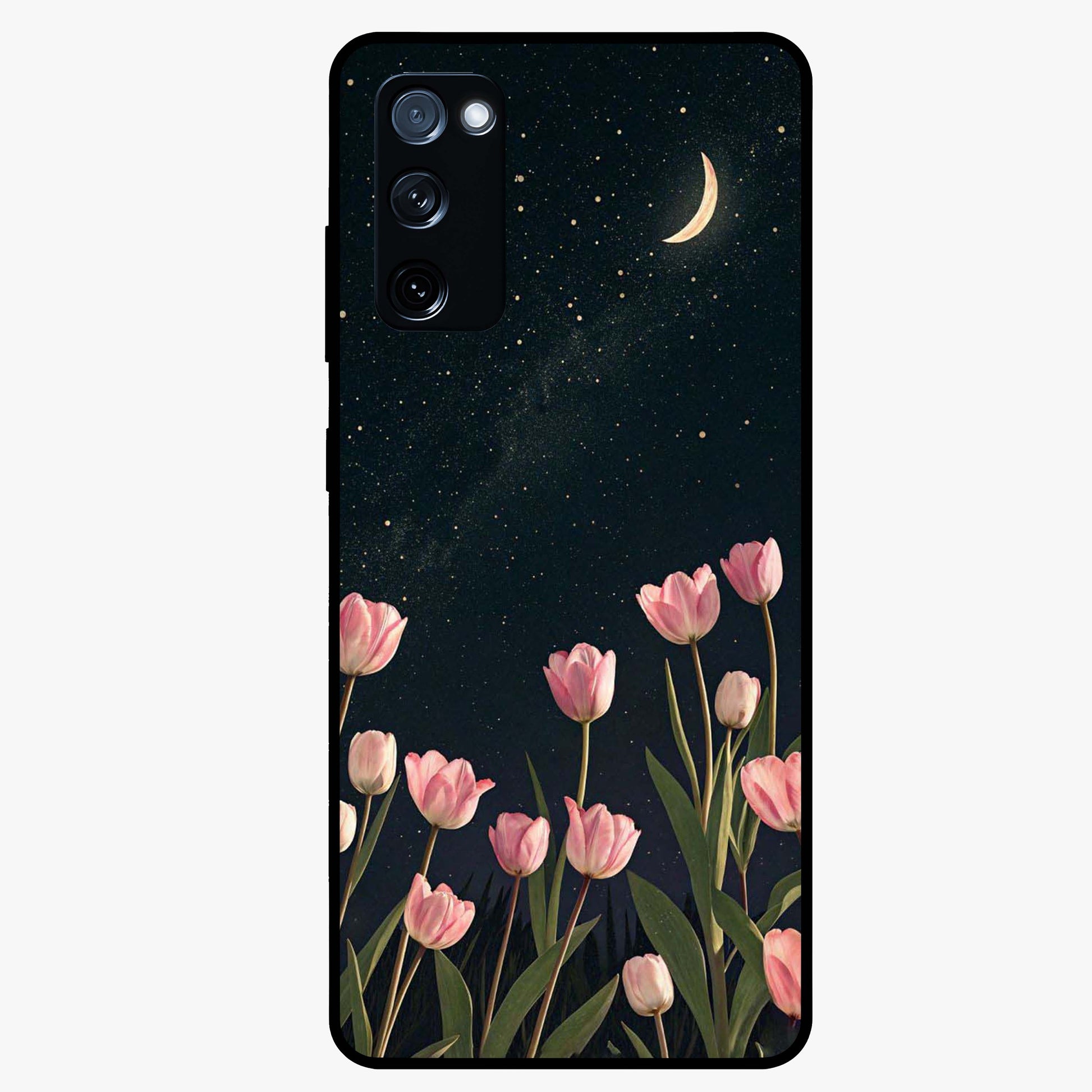 Midnight Tulip Whispers Vibe Glass Case showing flat back view with elegant tulip flower artwork and glossy glass finish.