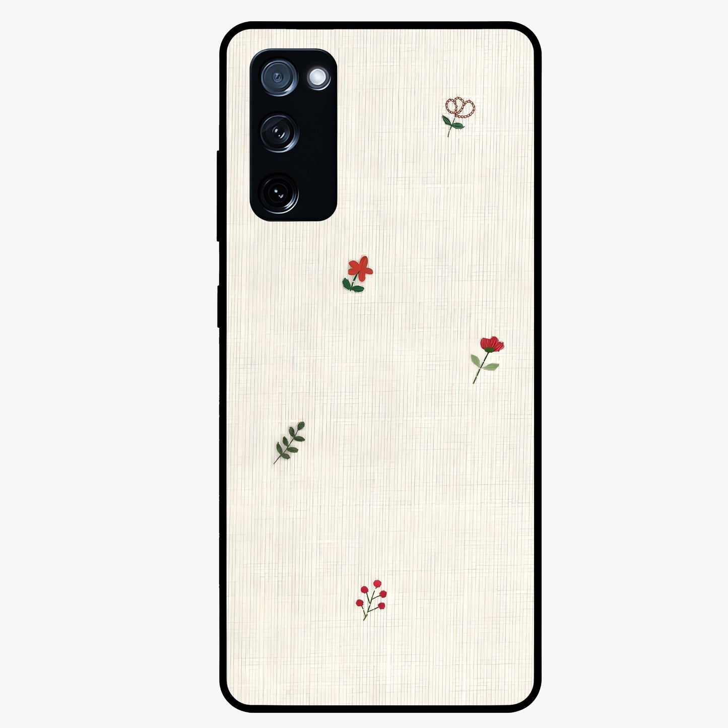 Minimal Petal Whispers Glass Case showing flat back view with soft minimal floral artwork and glossy glass finish.