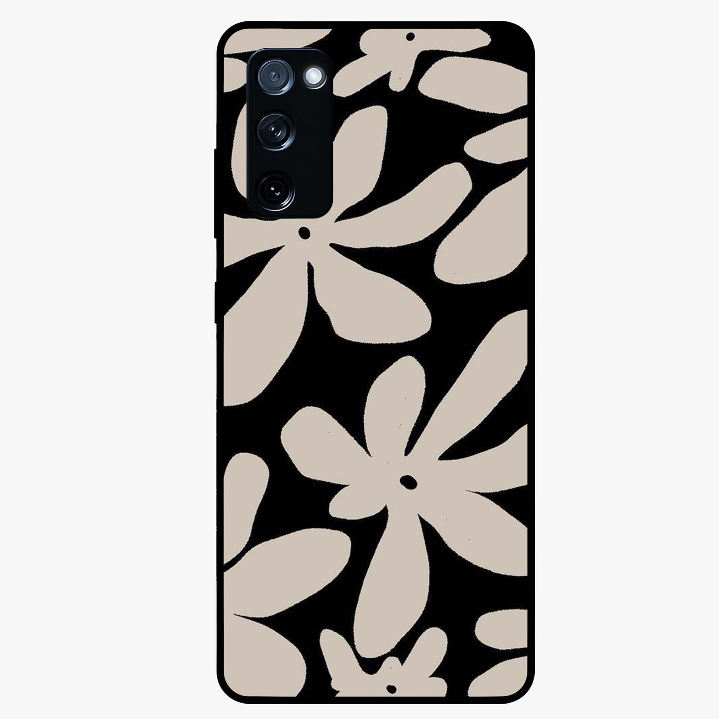 Monochrome Petal Dance Glass Case showing flat back view with monochrome floral artwork and glossy glass finish.