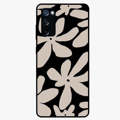 Monochrome Petal Dance Glass Case showing flat back view with monochrome floral artwork and glossy glass finish.