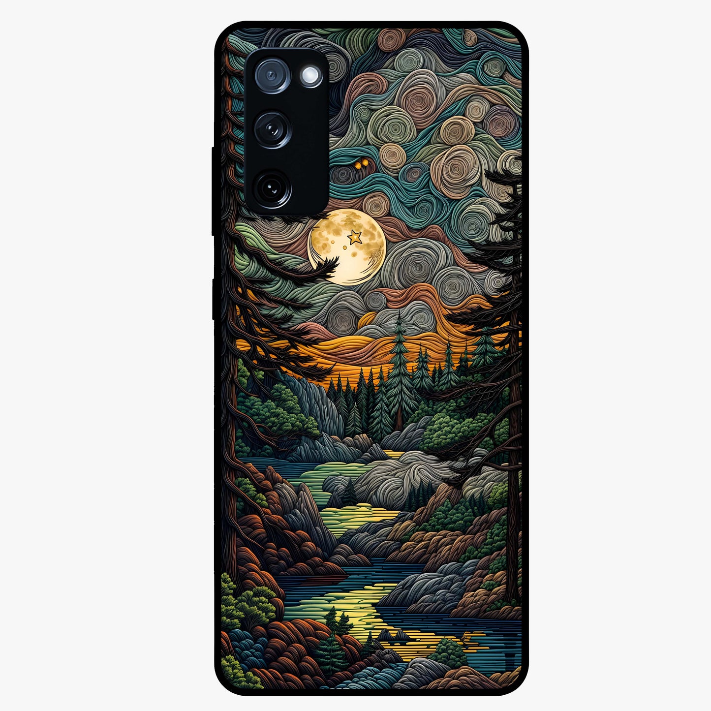 Moonlight Forest Dream Glass Case showing flat back view with mystical forest moonlight artwork and glossy glass finish.