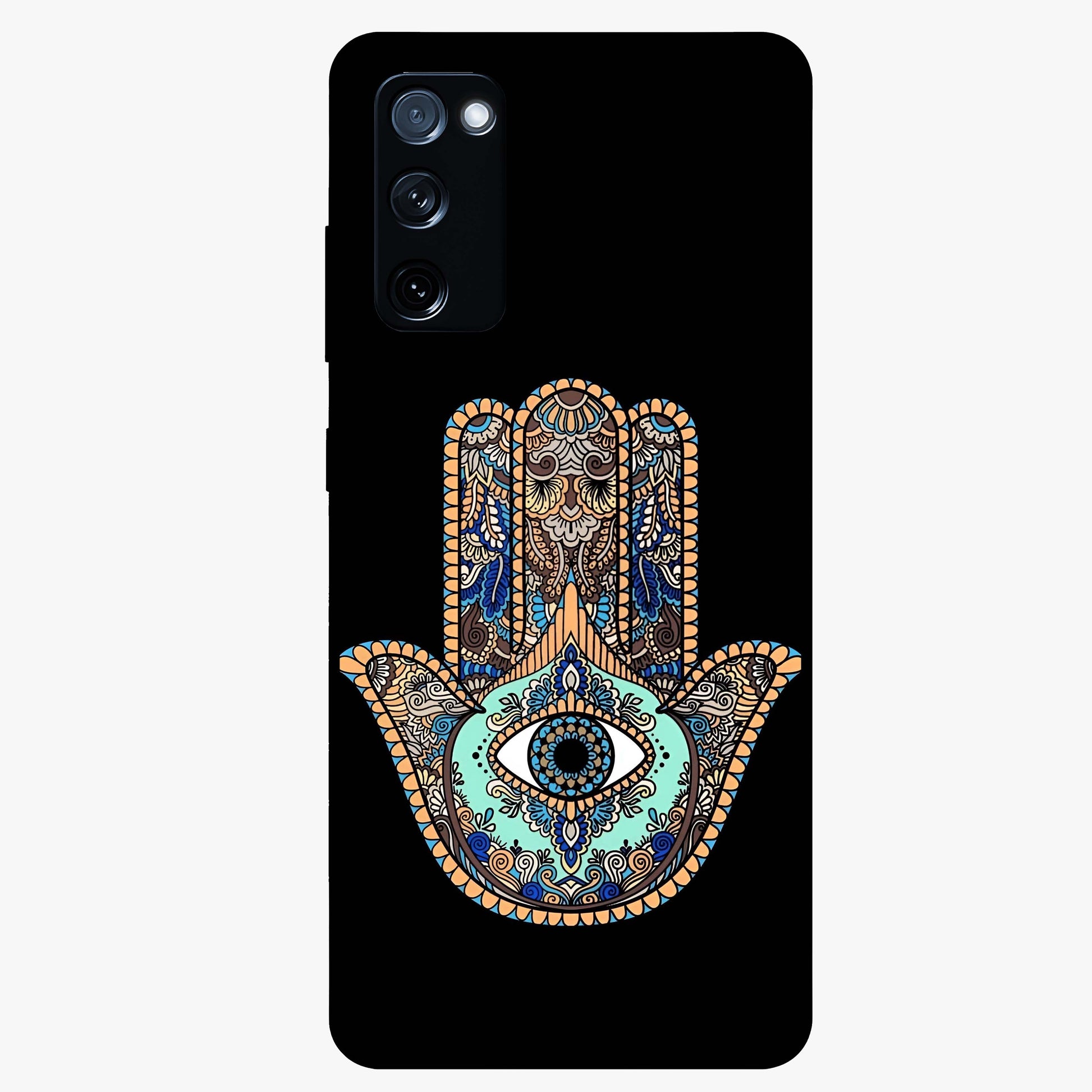 Mystic Hamsa Eye Glass Case showing flat back view with protective hamsa hand and evil eye artwork and glossy glass finish.