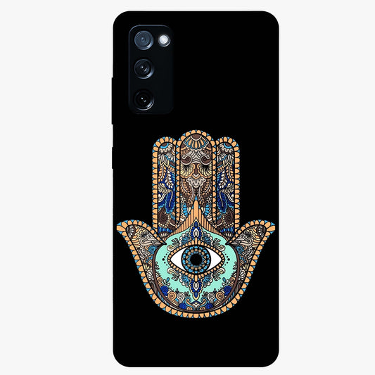 Mystic Hamsa Eye Glass Case showing flat back view with protective hamsa hand and evil eye artwork and glossy glass finish.