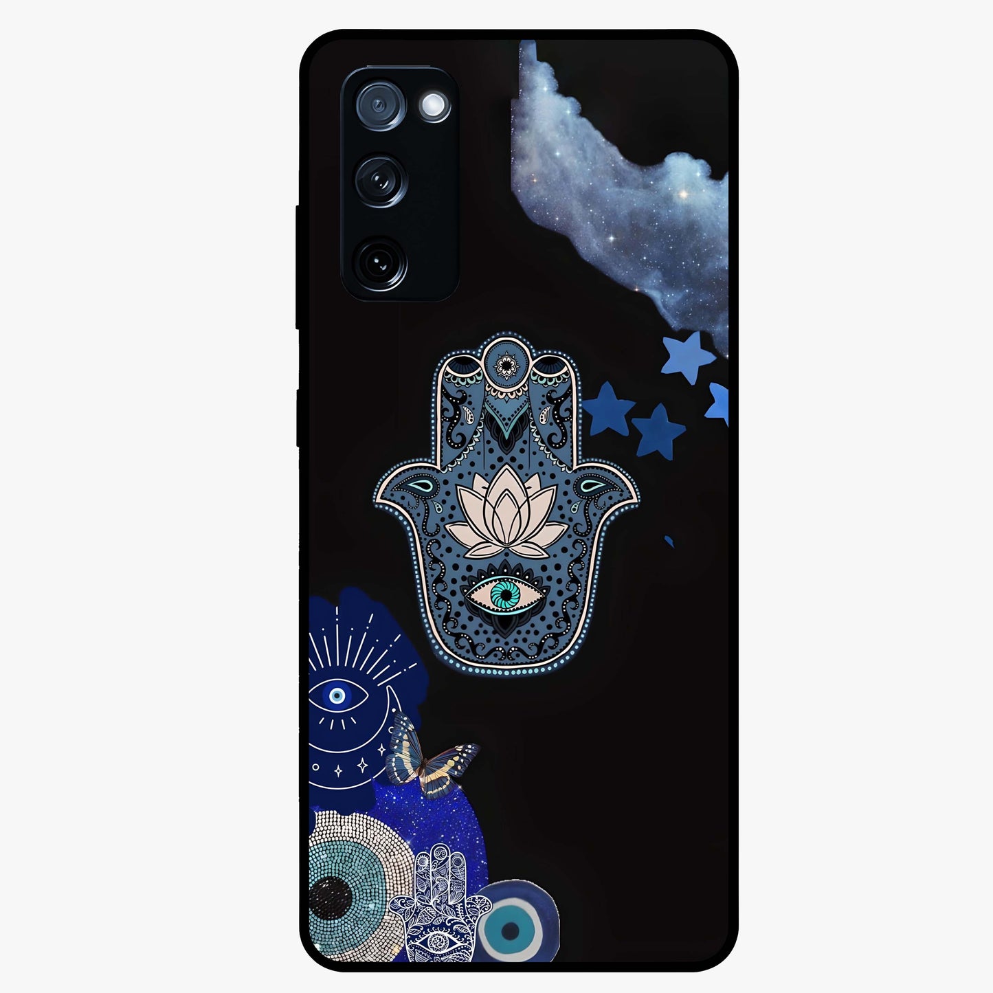 Mystic Hand Aura Glass Case showing flat back view with mystical hand symbol artwork and glossy glass finish.