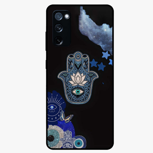 Mystic Hand Aura Glass Case showing flat back view with mystical hand symbol artwork and glossy glass finish.