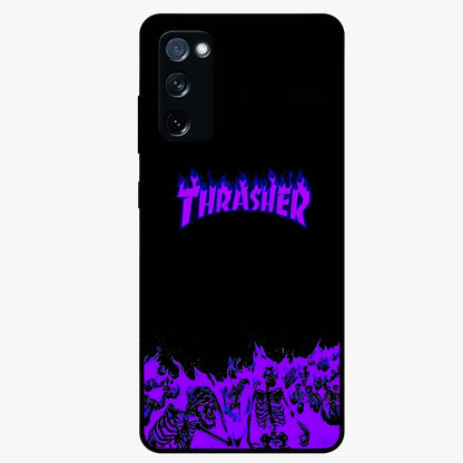 Neon Flame Riot Glass Case showing flat back view with neon flame artwork and glossy glass finish.