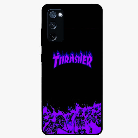 Neon Flame Riot Glass Case showing flat back view with neon flame artwork and glossy glass finish.