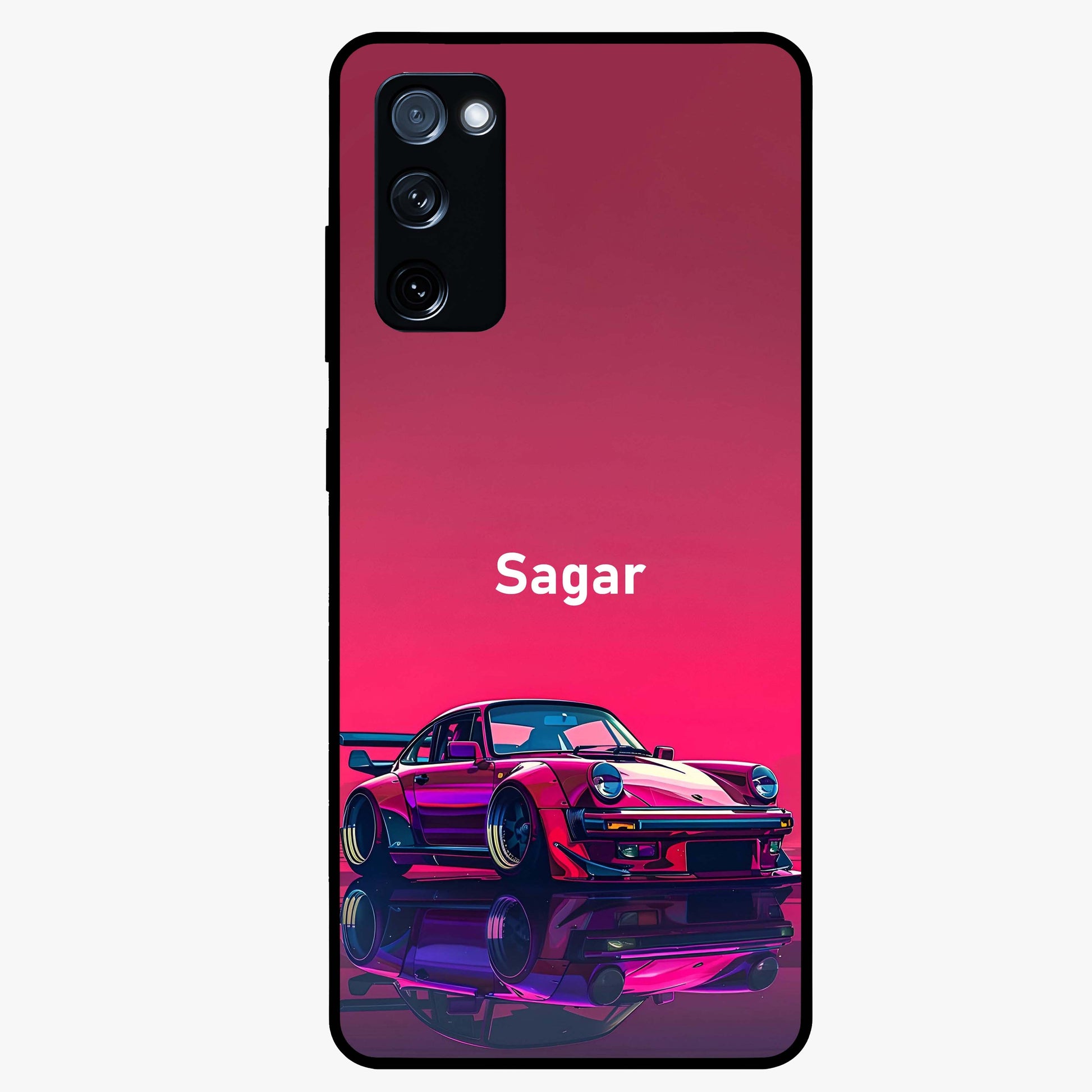 Neon Pink Porsche Glass Case showing flat back view with stylish sports car artwork and glossy glass finish.