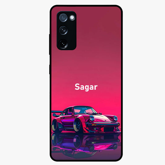 Neon Pink Porsche Glass Case showing flat back view with stylish sports car artwork and glossy glass finish.