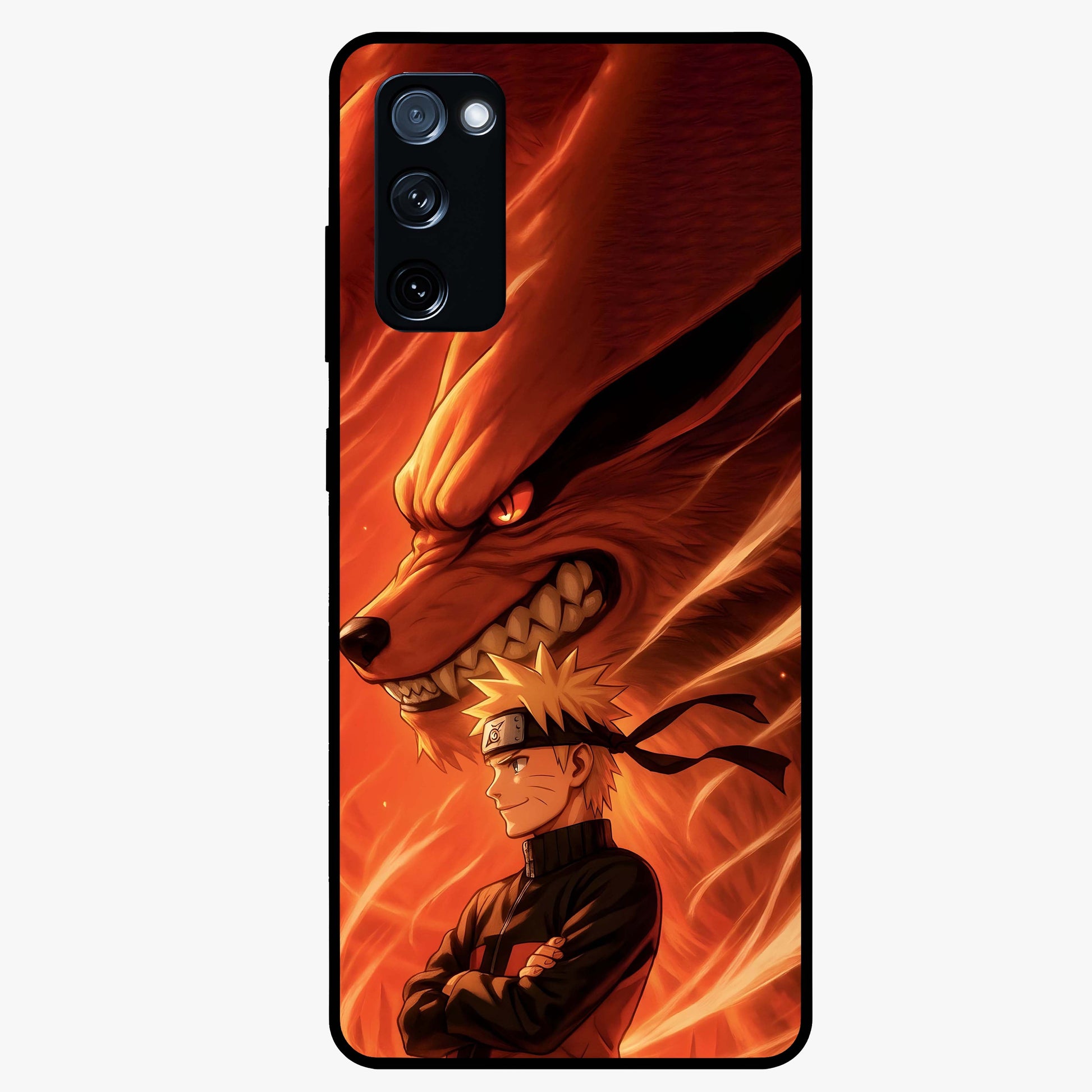 Nine Tails Legacy Glass Case showing flat back view with powerful nine-tailed fox inspired artwork and glossy glass finish.
