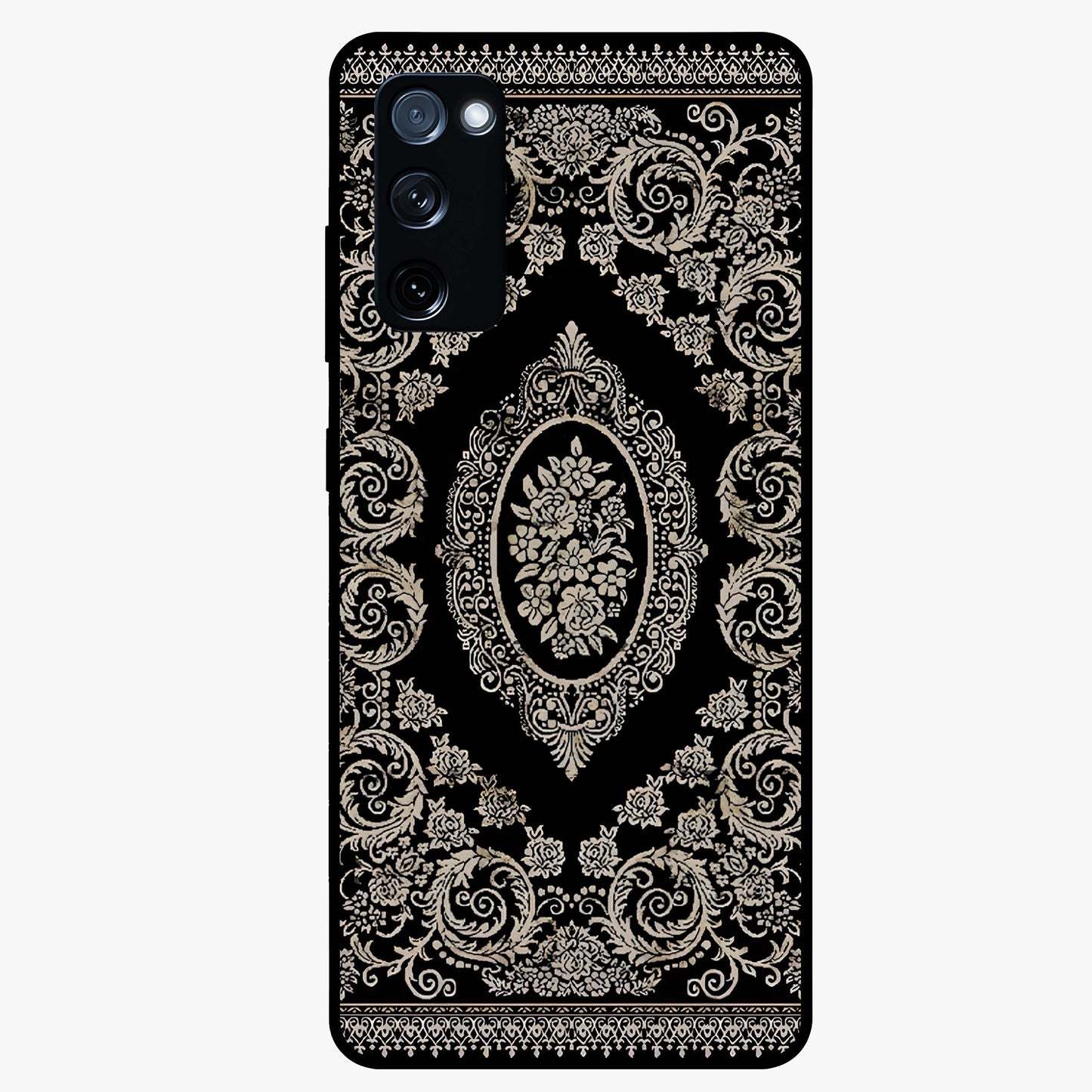 Noir Bloom Elegance Glass Case showing flat back view with elegant dark floral artwork and glossy glass finish.