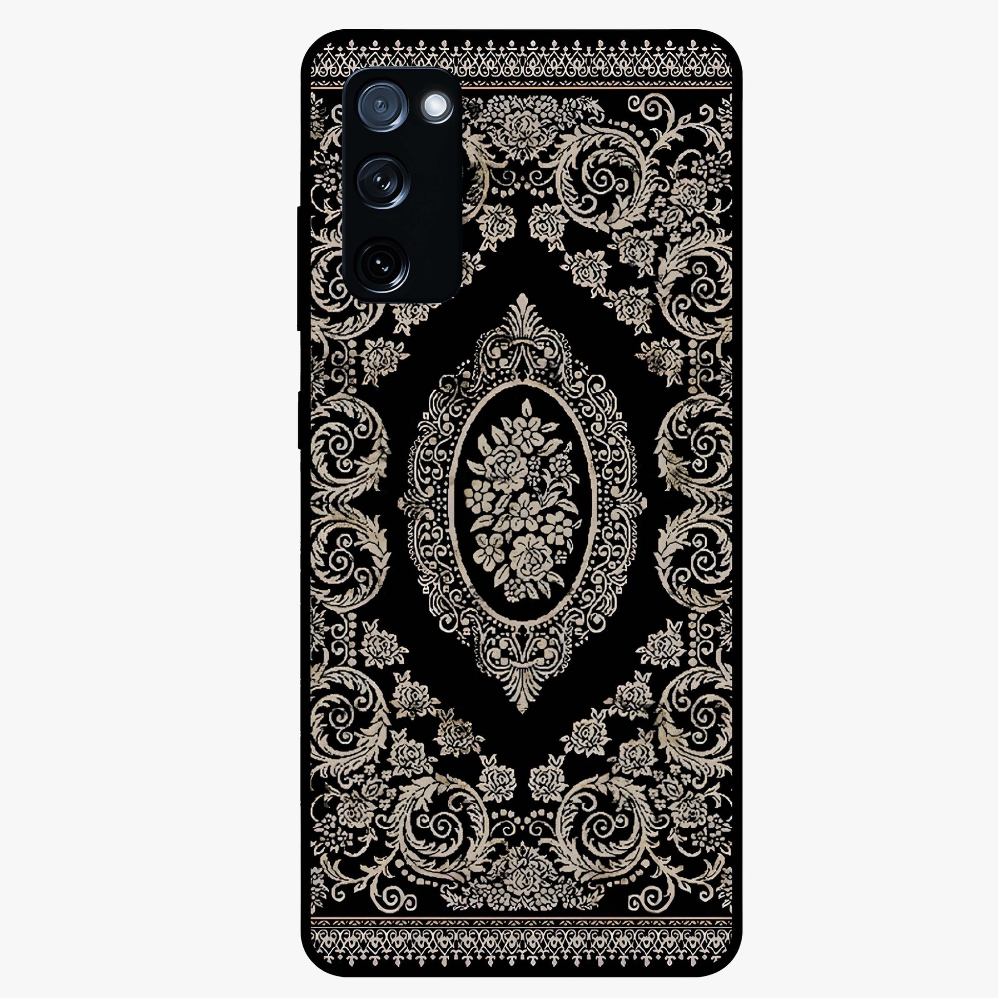 Noir Bloom Elegance Glass Case showing flat back view with elegant dark floral artwork and glossy glass finish.