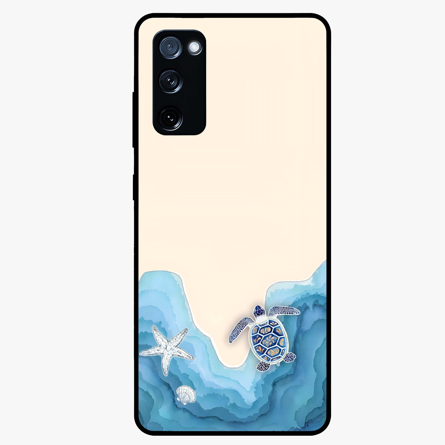 Ocean Drift Turtle Glass Case showing flat back view with sea turtle artwork and glossy glass finish.