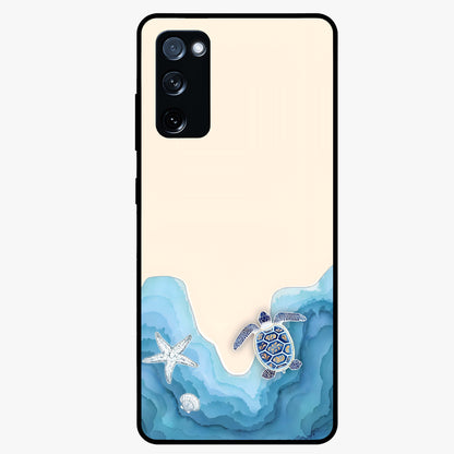 Ocean Drift Turtle Glass Case showing flat back view with sea turtle artwork and glossy glass finish.