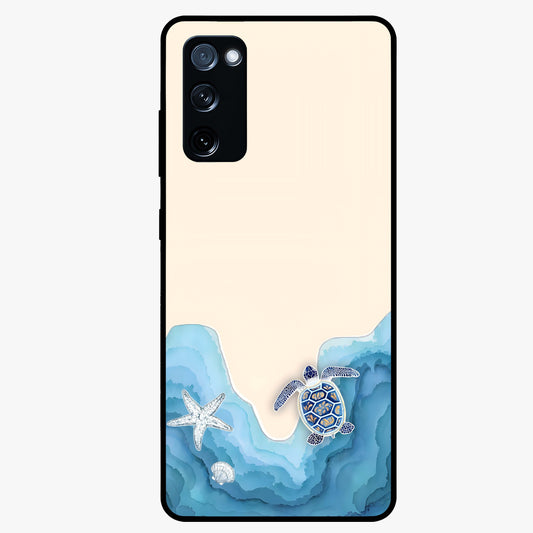 Ocean Drift Turtle Glass Case showing flat back view with sea turtle artwork and glossy glass finish.