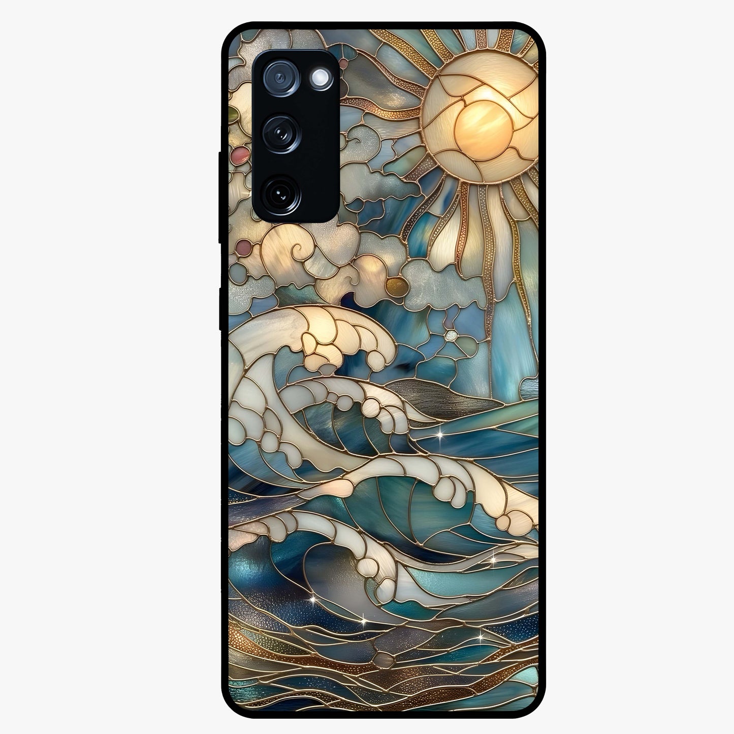 Oceanic Stained Printed Glass Case showing flat back view with ocean inspired stained pattern artwork and glossy glass finish.