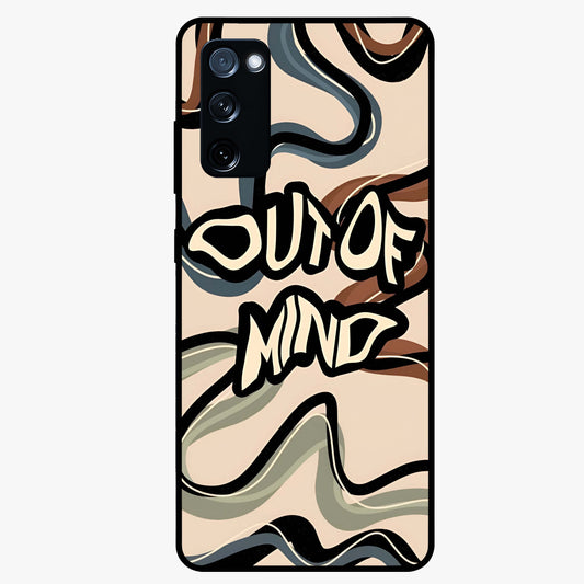 Out Of Mind Glass Case showing flat back view with expressive typography artwork and glossy glass finish.