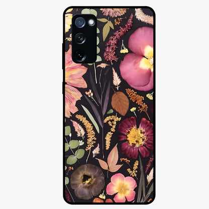 Petal Dream Tapestry Glass Case showing flat back view with intricate floral tapestry artwork and glossy glass finish.