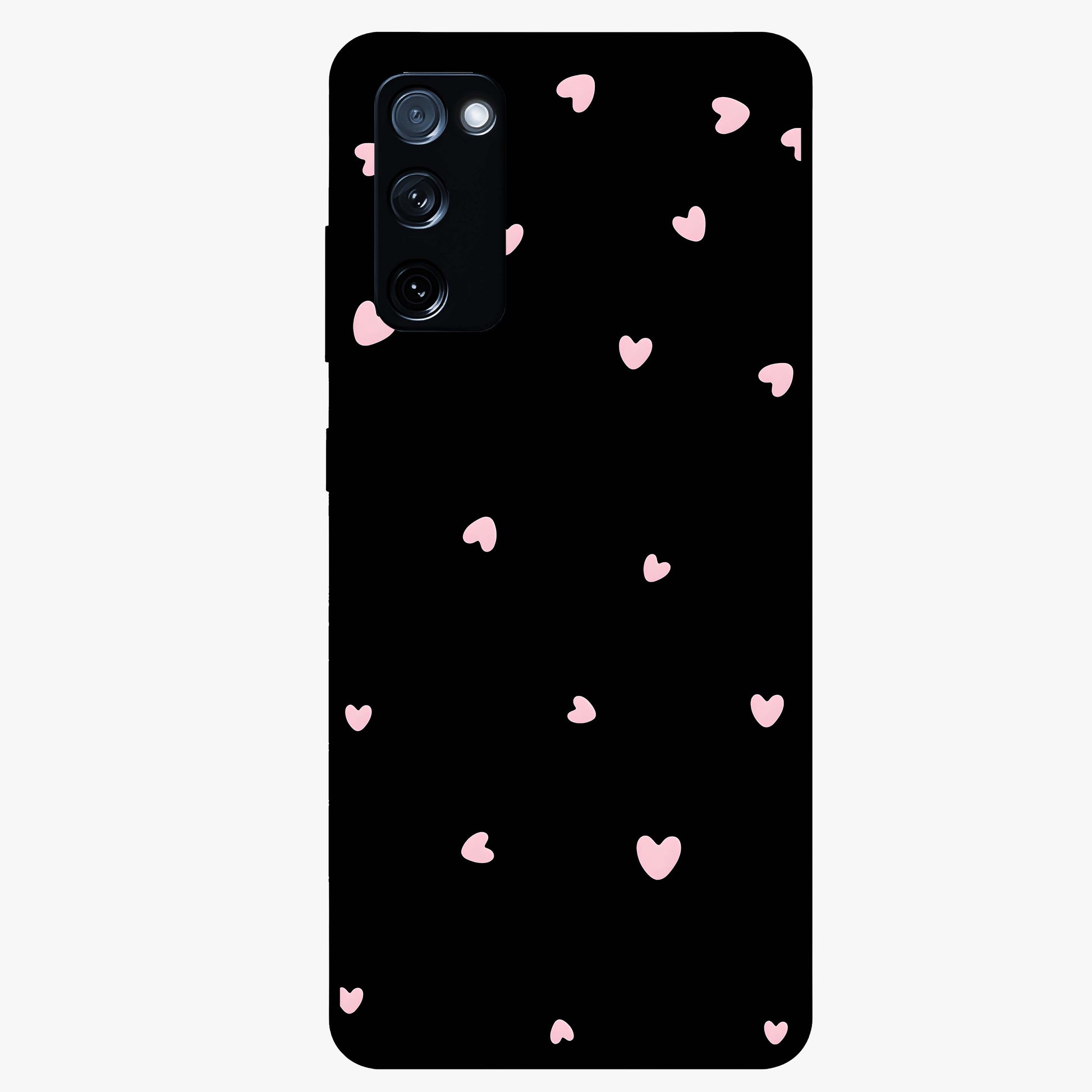 Pink Love Drops Glass Case showing flat back view with playful pink heart drops artwork and glossy glass finish.