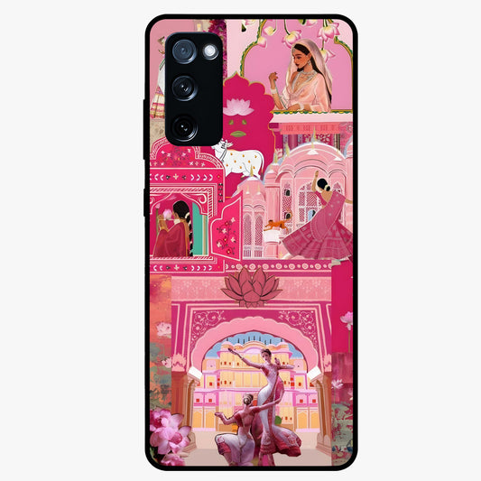 Pink Palace Muse Glass Case showing flat back view with elegant palace inspired artwork and glossy glass finish.