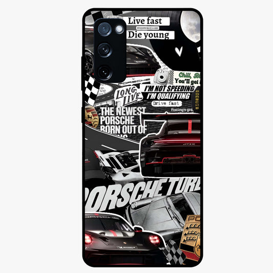 Porsche Racing Collage Glass Case showing flat back view with sports car racing collage artwork and glossy glass finish.