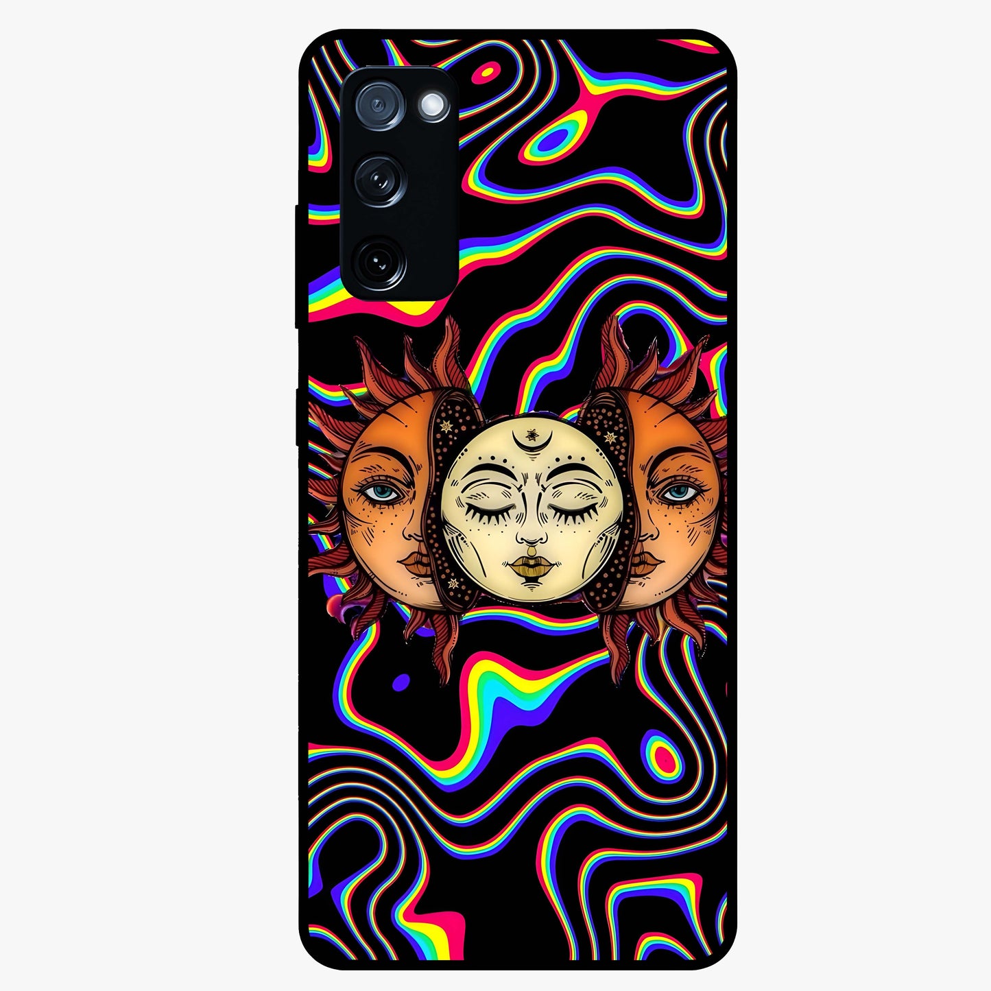 Psychedelic Sun Glass Case showing flat back view with colorful psychedelic sun artwork and glossy glass finish.