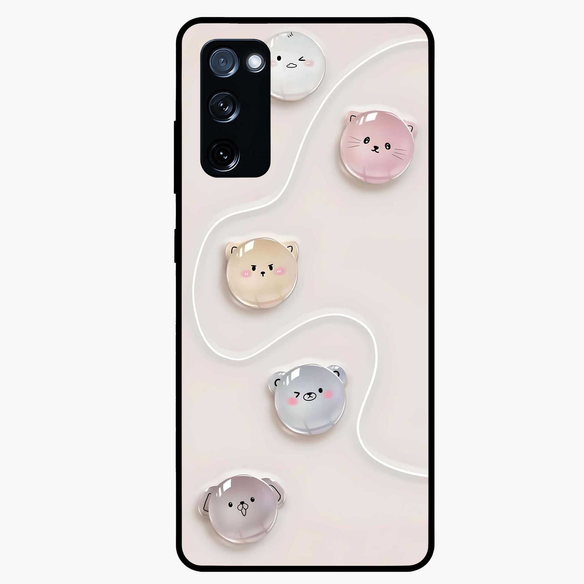 Puffy Face Parade Glass Case showing flat back view with cute puffy character faces artwork and glossy glass finish.