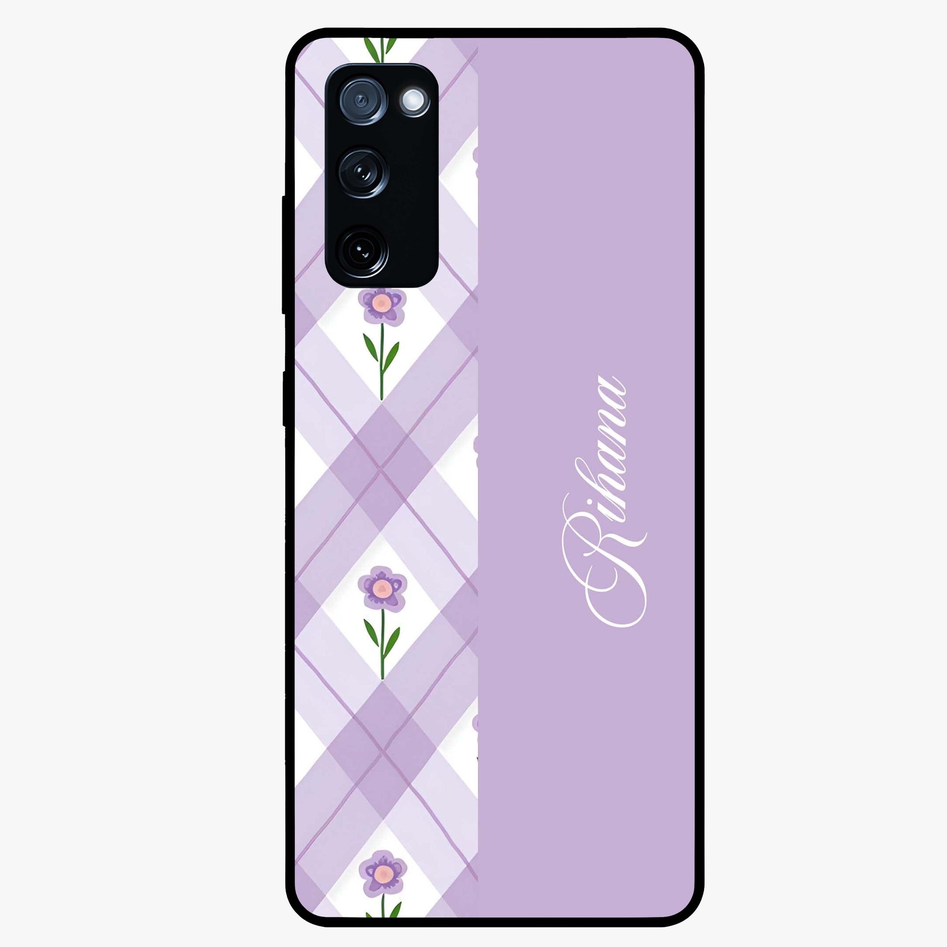 Purple Diamond Floral Glass Case showing flat back view with diamond shaped floral artwork and glossy glass finish.