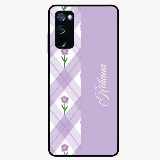 Purple Diamond Floral Glass Case showing flat back view with diamond shaped floral artwork and glossy glass finish.