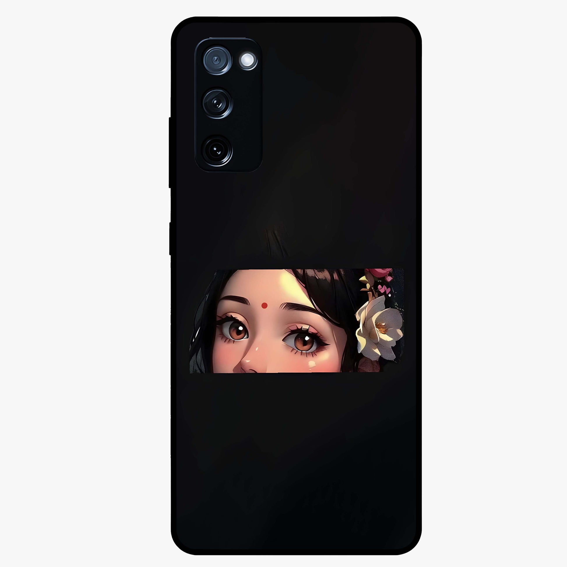 Radha Divine Embrace Glass Case showing flat back view with devotional Radha artwork and glossy glass finish.